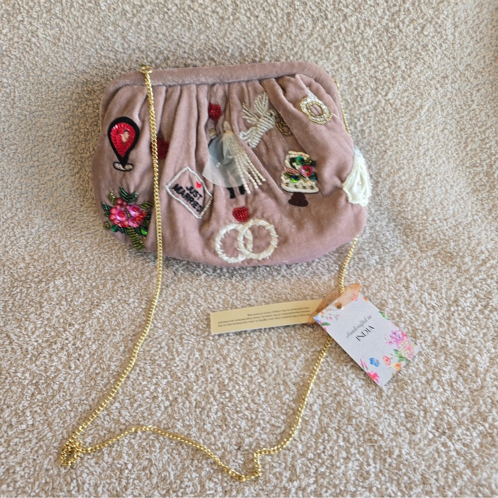 "Just Married" Mauve Velvet Beaded Sequin Rhinestone Clutch Purse Or Crossbody - Picture 12 of 16